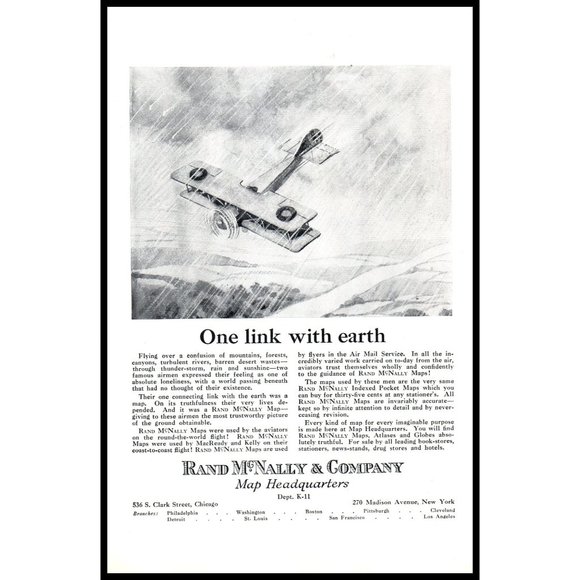 1924 Rand McNally Company Map Vintage Print Ad Biplane Avgeek Rain Storm Photo - Picture 1 of 1